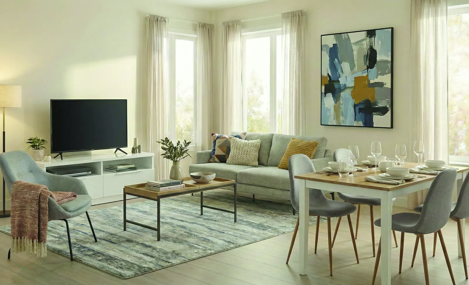 Living room styled with light oak furniture and a grey sofa