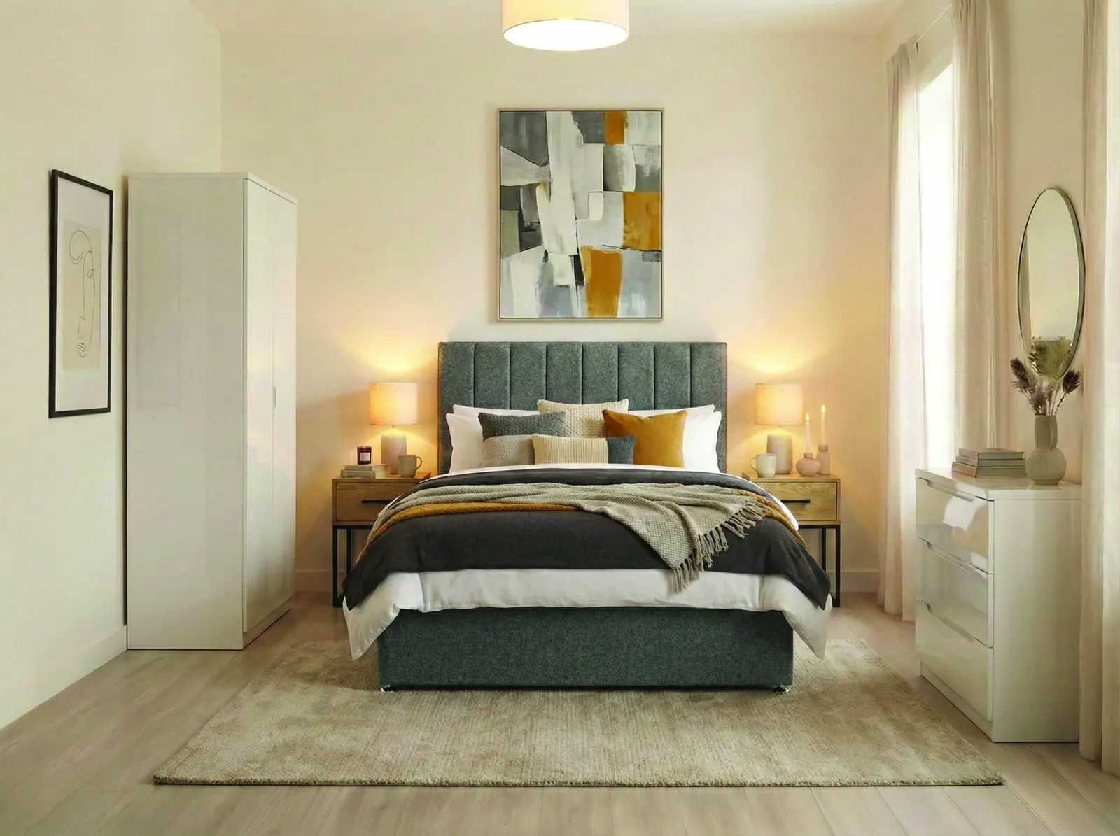 Bedroom styled with a white wardrobe and slate headboard