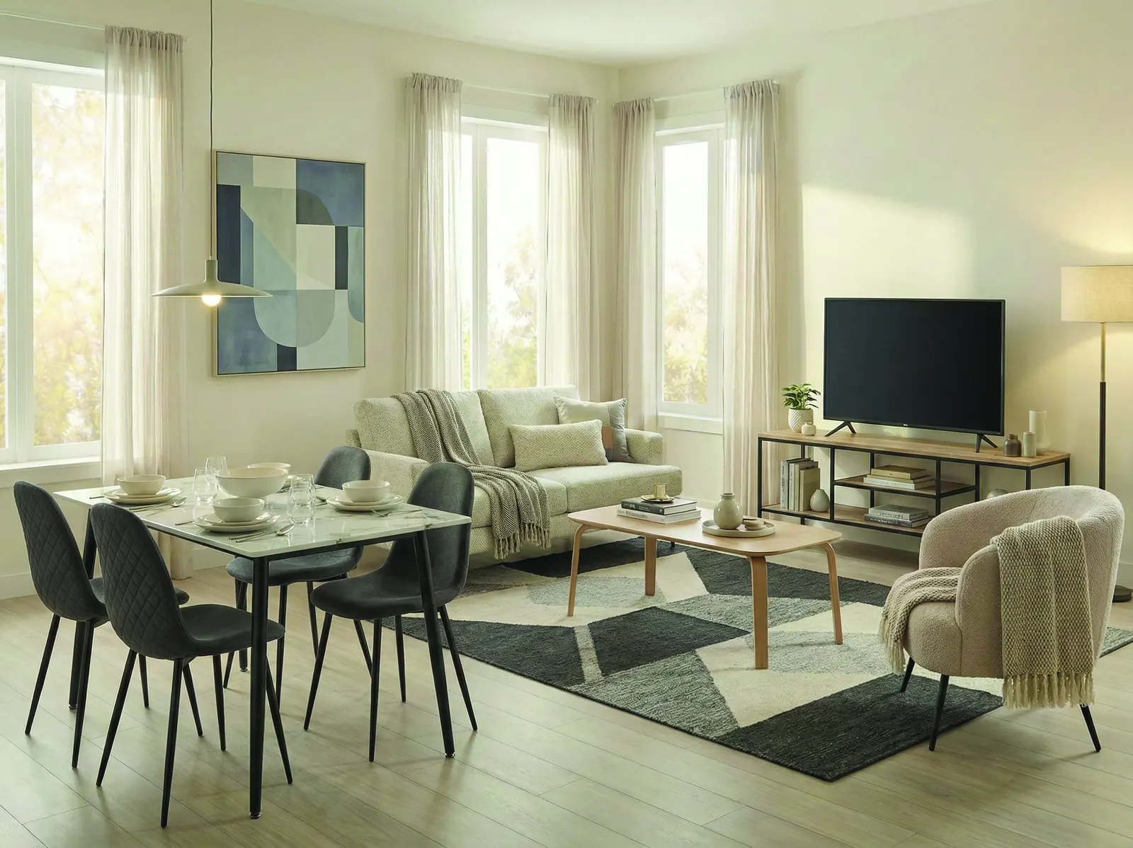 The same living room styled with charcoal chairs and a stone sofa