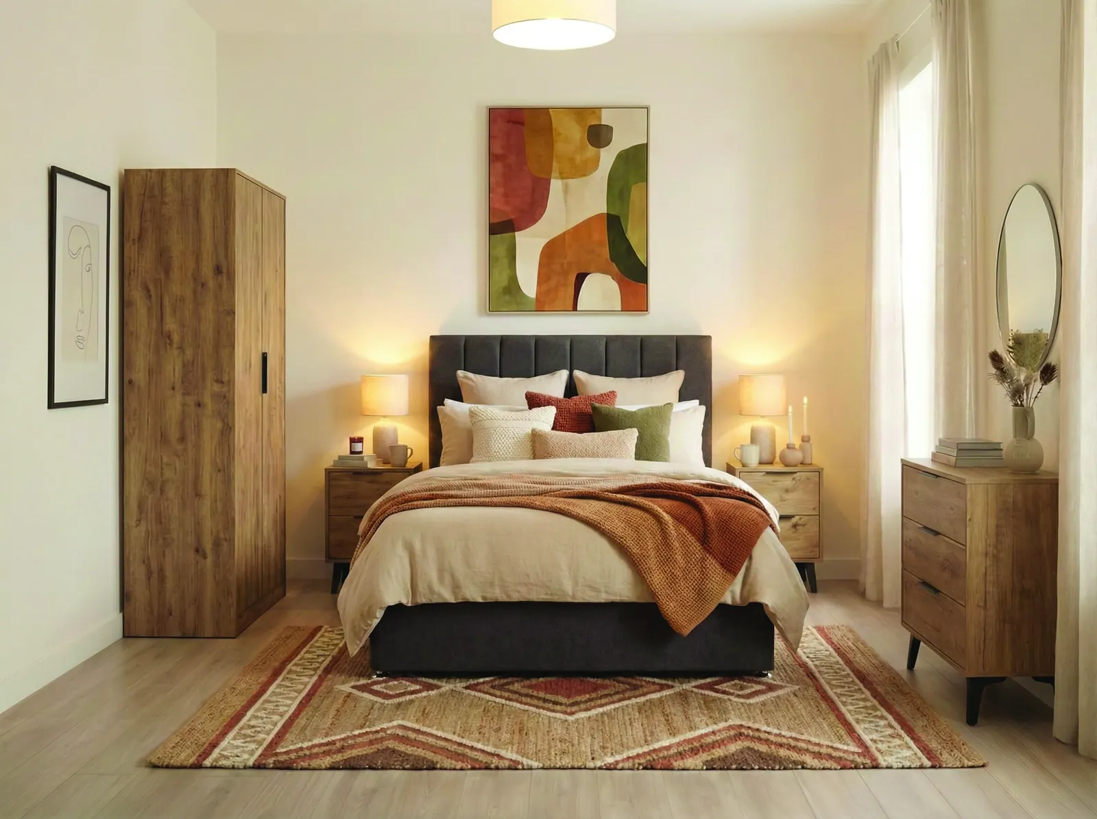The same bedroom styled with oak furniture and terracotta accents