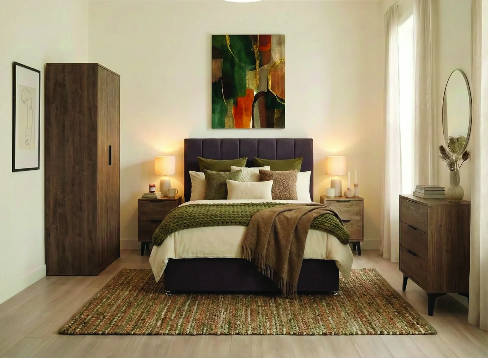 The same bedroom styled with walnut furniture and forest green bedding